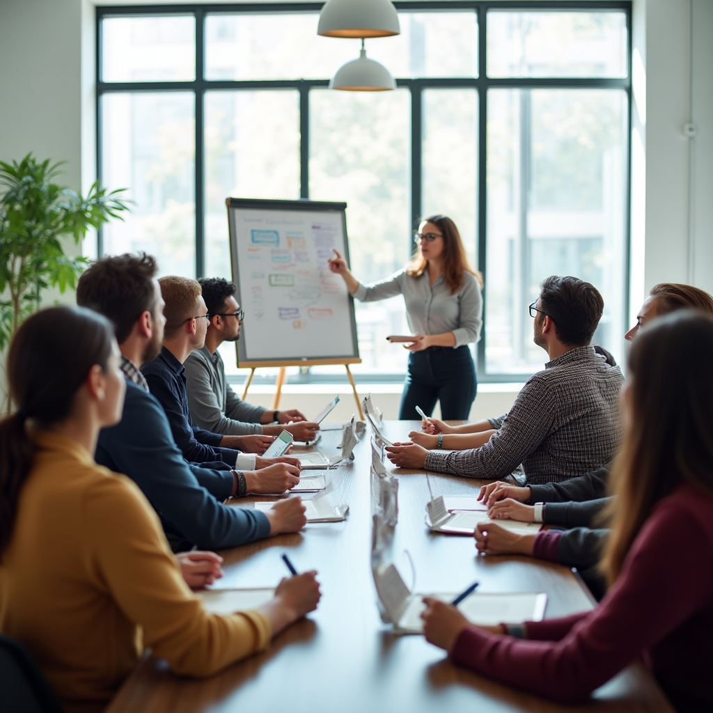 Equipo diverso participando en un taller sobre método de foco y decisión
