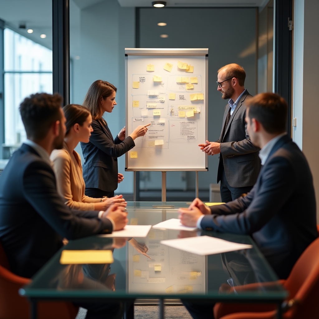 Equipo revisando prioridades en una sala de trabajo con notas y pizarra