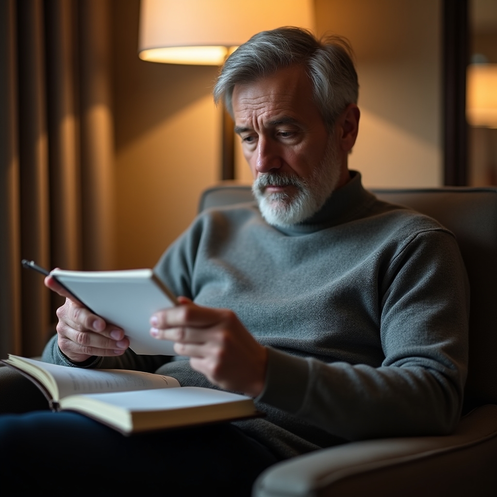 Profesional revisando sus notas de continuidad de decisiones en un cuaderno